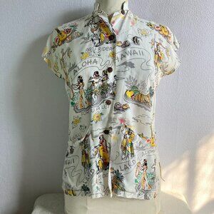 1940s 1950s Hawaiian Tea Timer Rayon Blouse with Pockets